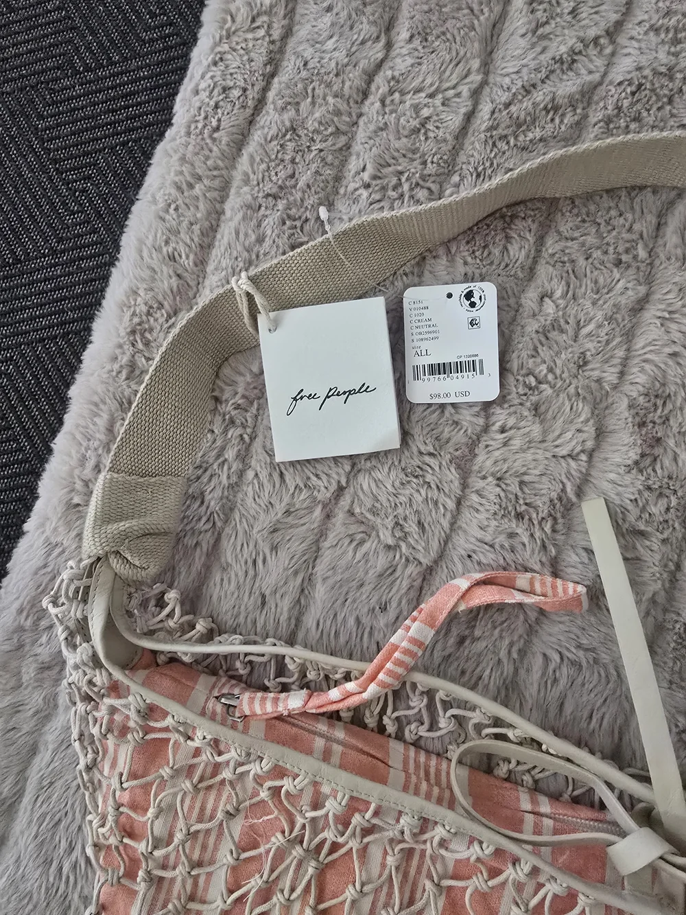 Free People Cream Net Knotted Hobo Shoulder Bag Drawstring Striped Orange Lining